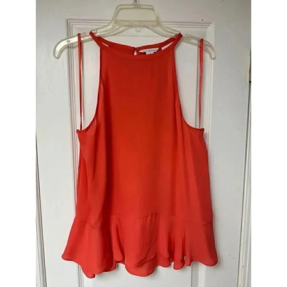 DVF | Elegant Coral Halter Top with Ruffle Hem | Summer Chic Sleeveless Blouse - Picture 3 of 8